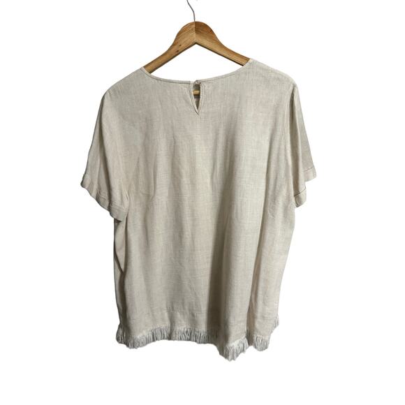 P. Cill Linen Blend Lagen Look Neutral Boho Fringe Boxy Blouse Large - Picture 2 of 4